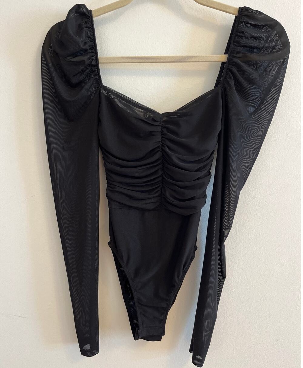 Princess polly Delaney ruched mesh long sleeve bodysuit black 2
